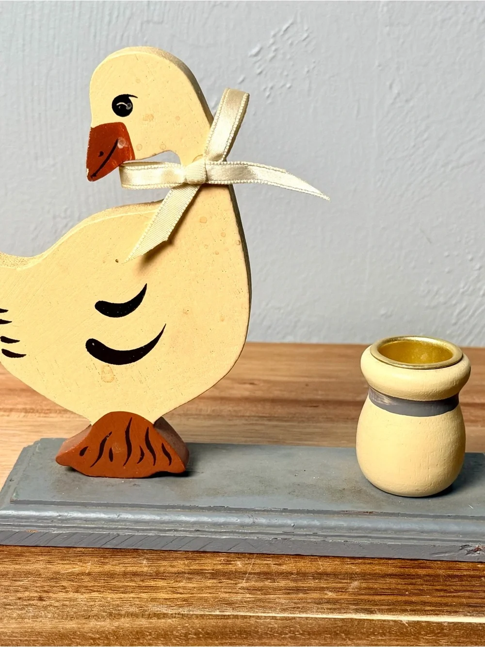 Vintage Wooden Goose Candle Holder, Taiwan Folk Art Goose Decor